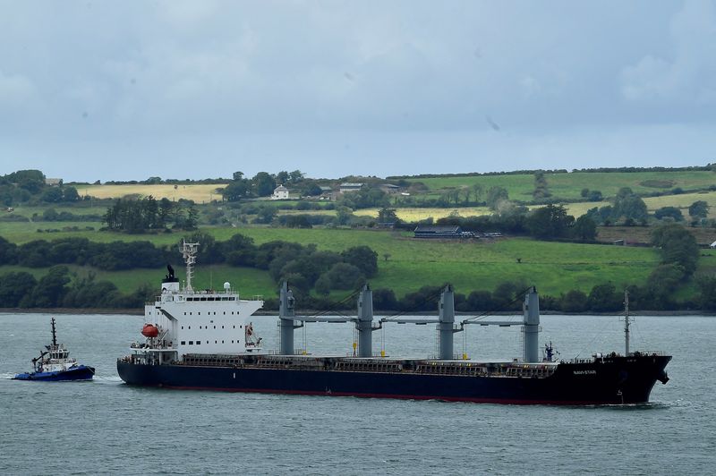 &copy; Reuters. A pilot boat guides the Panama-flagged bulk carrier ship, the Navi Star as it arrives at Foynes Port delivering 33,000 tonnes of Ukrainian corn to Ireland after departing Odessa following the formation of the Black Sea Grain Initiative, in Foynes, Ireland