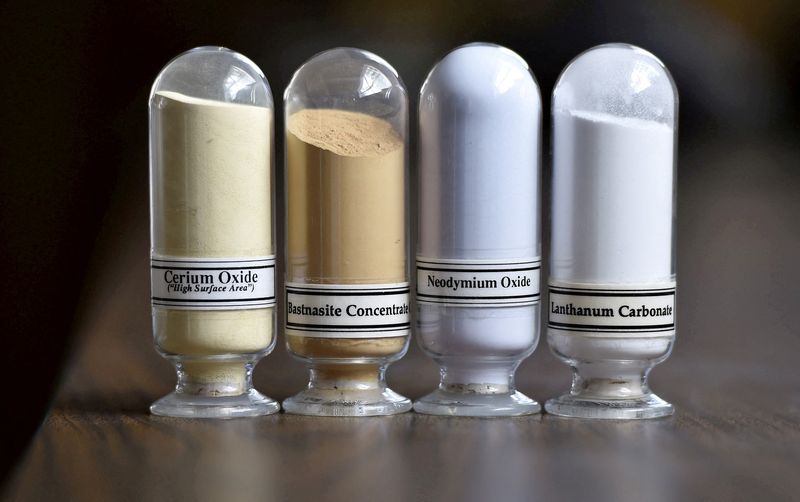 &copy; Reuters. FILE PHOTO: Samples of rare earth minerals from left: Cerium oxide, Bastnaesite, Neodymium oxide and Lanthanum carbonate at Molycorp's Mountain Pass Rare Earth facility in Mountain Pass, California June 29, 2015.  REUTERS/David Becker/File Photo