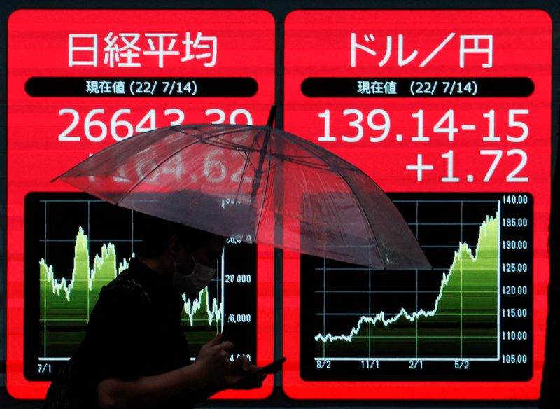 &copy; Reuters. Imagen de archivo de un hombre con un paraguas en la mano caminando frente a un monitor electrónico que muestra el tipo de cambio del yen japonés frente al dólar estadounidense y la media de las acciones del Nikkei en Tokio, Japón. 14 de julio, 2022 R