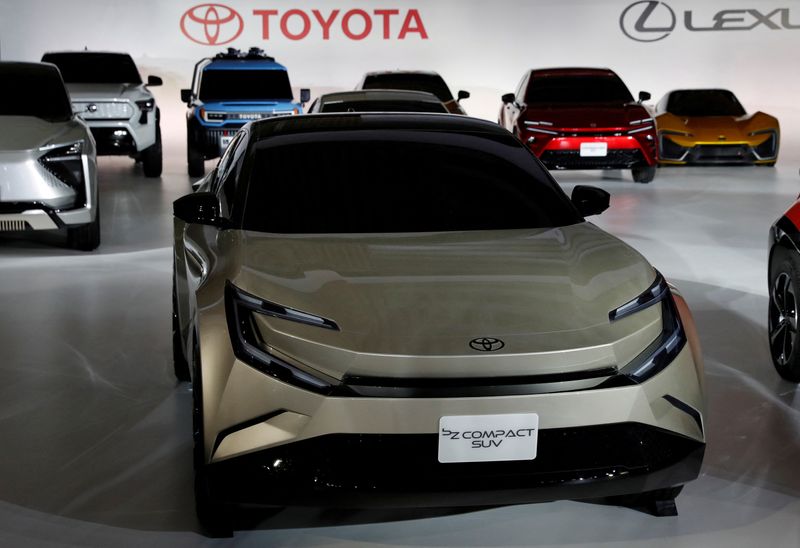 &copy; Reuters. FILE PHOTO: Toyota Motor Corporation's bZ Compact SUV is pictured after a briefing on the company's strategies on battery EVs in Tokyo, Japan, December 14, 2021. REUTERS/Kim Kyung-Hoon/File Photo