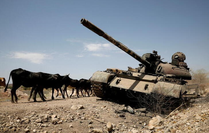&copy; Reuters. Vacas junto a un tanque dañado en los combates entre el Gobierno etíope y las fuerzas de Tigray, cerca de la ciudad de Humera, Etiopía, 3 de marzo de 2021. REUTERS/Baz Ratner