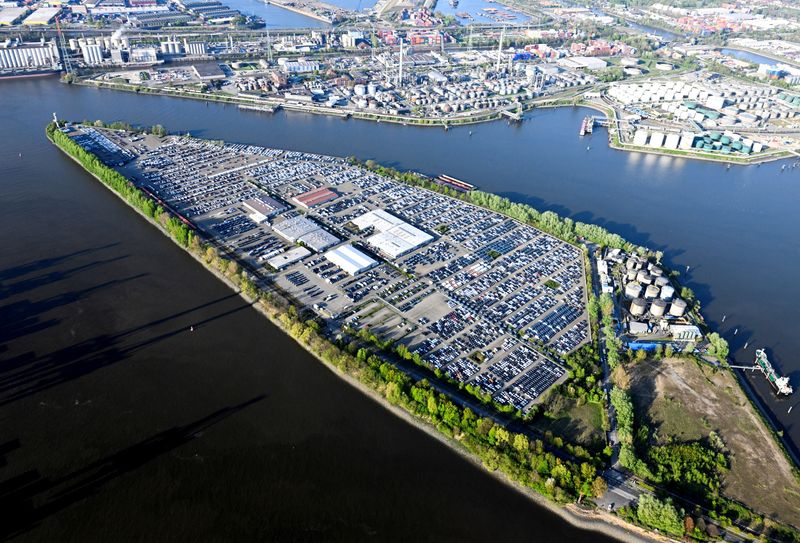 &copy; Reuters. FILE PHOTO: An aerial view shows the terminal of German company BLG, which is specialized in cars export, in a harbour in Hamburg, Germany, April 27, 2022.REUTERS/Fabian Bimmer