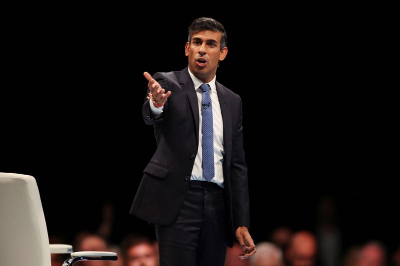 &copy; Reuters. FILE PHOTO: Conservative leadership candidate Rishi Sunak takes part in a Q&A session during a hustings event, part of the Conservative party leadership campaign, in Birmingham, Britain August 23, 2022. REUTERS/Phil Noble