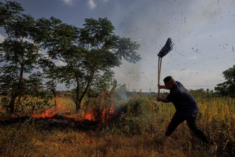 &copy; Reuters. A villager attempts to put out a brush fire with a mop during a drought in Xinyao village, Nanchang city, Jiangxi province, China, August 25, 2022.  REUTERS/Thomas Peter