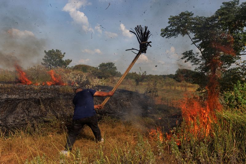 &copy; Reuters. Un aldeano intenta apagar un incendio de matorrales con una fregona durante una sequía en el pueblo de Xinyao, en Nanchang, provincia de Jiangxi, China. 25 de agosto de 2022.  REUTERS/Thomas Peter 