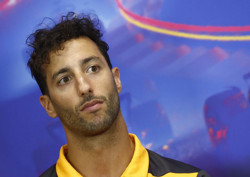 &copy; Reuters. El piloto australiano Daniel Ricciardo de McLaren durante la conferencia de prensa antes del Gran Premio de Bélgica de la Fórmula Uno en Spa-Francorchamps, Spa, Bélgica. 25 de agosto, 2022. REUTERS/Stephane Mahe