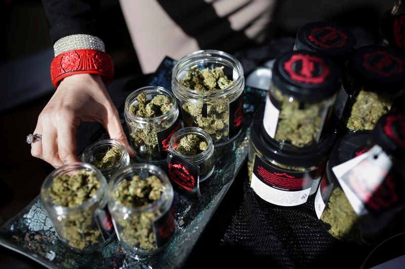 &copy; Reuters. FILE PHOTO: An employee puts down an eighth of marijuana after letting a customer smell it outside the Magnolia cannabis lounge in Oakland, California, U.S. April 20, 2018. Friday marked the first '4/20' since the sale of recreational marijuana became leg