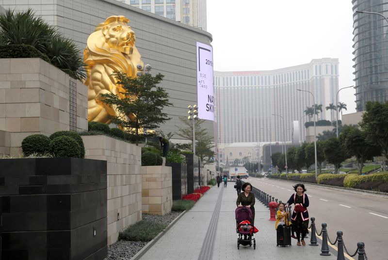 &copy; Reuters. FILE PHOTO: Women and their children walk past the MGM Grand Macau resort in Macau, China December 19, 2019, on the eve of the 20th anniversary of the former Portuguese colony's return to China. REUTERS/Jason Lee