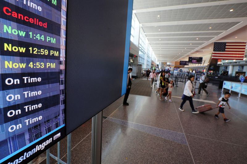 &copy; Reuters. FILE PHOTO: A flight status board shows on-time, delayed, early and cancelled flights in Logan Airport at the start of the long July 4th holiday weekend in Boston, Massachusetts, U.S., June 30, 2022.   REUTERS/Brian Snyder/File Photo