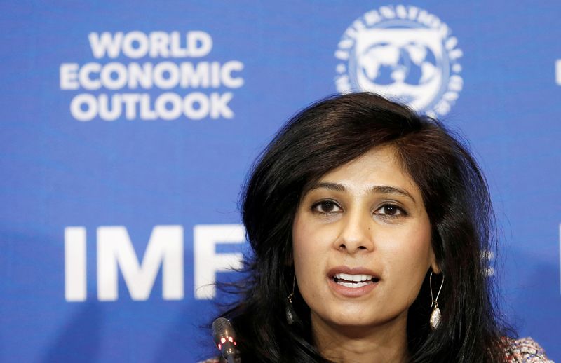 &copy; Reuters. FILE PHOTO: Gita Gopinath, Economic Counsellor and Director of the Research Department at the International Monetary Fund (IMF), speaks during a news conference in Santiago, Chile,  July 23, 2019. REUTERS/Rodrigo Garrido/File Photo