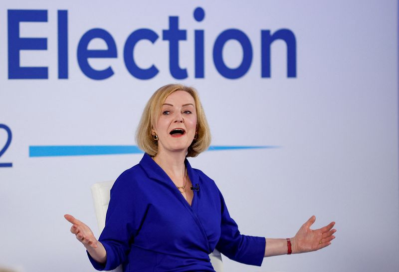 &copy; Reuters. FILE PHOTO: Conservative leadership candidate Liz Truss answers questions at a hustings event, part of the Conservative party leadership campaign, in Norwich, Britain, August 25, 2022. REUTERS/John Sibley