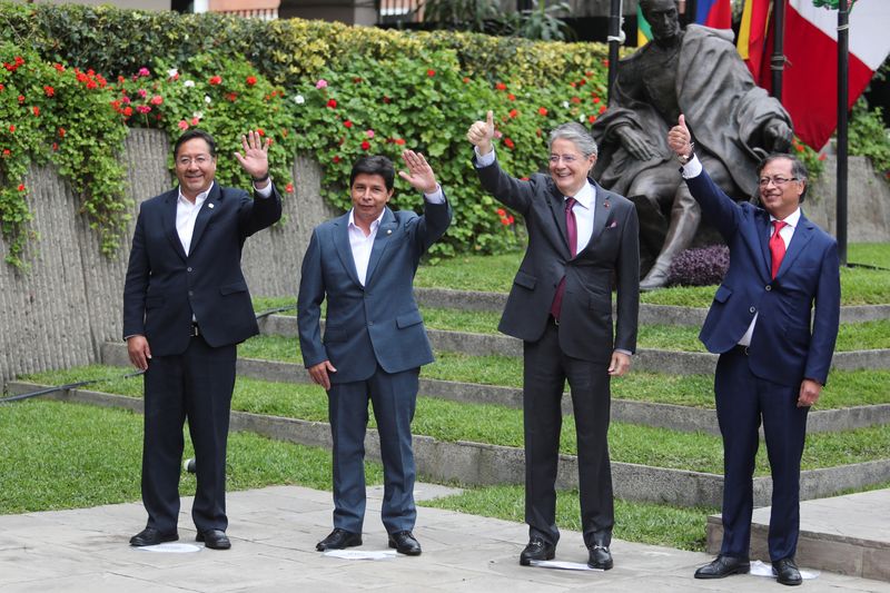 &copy; Reuters. Presidentes  Luis Arce (Bolívia), Pedro Castillo (Peru), Guillermo Lasso (Equador) e Gustavo Petro (Colômbia) durante reunião em Lima, no Peru
29/08/2022
REUTERS/Sebastian Castaneda