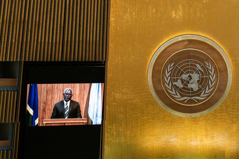 &copy; Reuters. FILE PHOTO: Solomon Islands' Prime Minister Manasseh Sogavare remotely addresses the 76th Session of the U.N. General Assembly by pre-recorded video in New York City, U.S., September 25, 2021. REUTERS/Eduardo Munoz/Pool