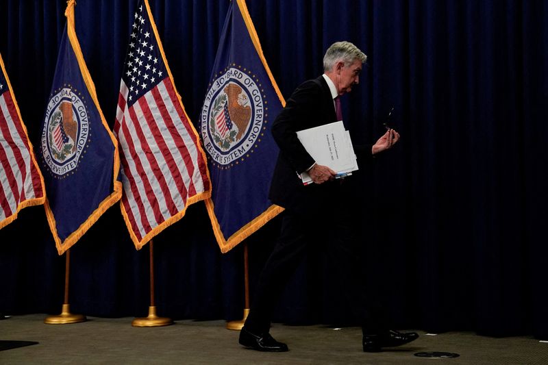 &copy; Reuters. FILE PHOTO: Federal Reserve Board Chair Jerome Powell leaves after a news conference following a two-day meeting of the Federal Open Market Committee (FOMC) in Washington, U.S., July 27, 2022. REUTERS/Elizabeth Frantz/File Photo