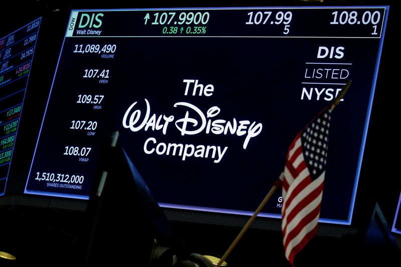 &copy; Reuters. FILE PHOTO: A screen shows the logo and a ticker symbol for The Walt Disney Company on the floor of the New York Stock Exchange (NYSE) in New York, U.S., December 14, 2017. REUTERS/Brendan McDermid