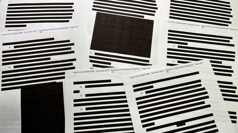 &copy; Reuters. Pages of entirely redacted information are seen in the released version of an affidavit from the U.S. Justice Department that was submitted to a federal judge to support the execution of a search warrant by the FBI at former President Donald Trump's Mar-a