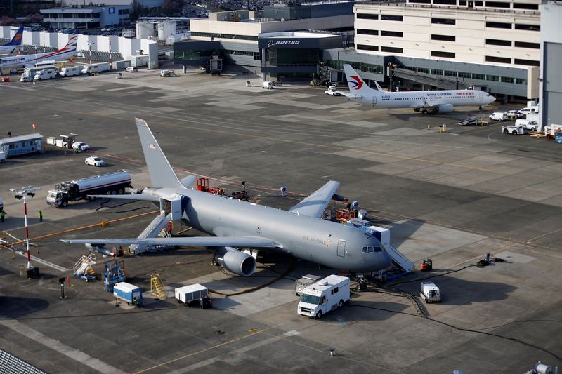 &copy; Reuters. A Boeing KC-46A Pegasus sits on the tarmac at Boeing facilities at Boeing Field in this aerial photo in Seattle, Washington, U.S. March 21, 2019. Picture taken March 21, 2019.  REUTERS/Lindsey Wasson