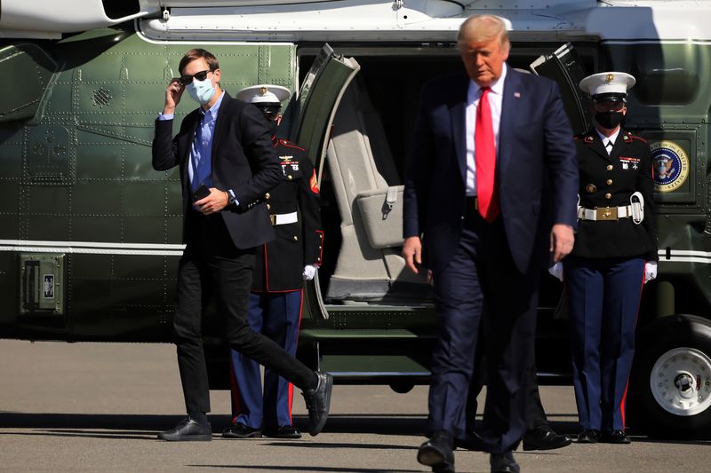 &copy; Reuters. FOTO DE ARCHIVO: El asesor principal de la Casa Blanca, Jared Kushner, se ajusta la mascarilla tras desembarcar del Marine One para asistir a un acto de campaña con el presidente de Estados Unidos, Donald Trump, en el aeropuerto regional de Prescott, en 
