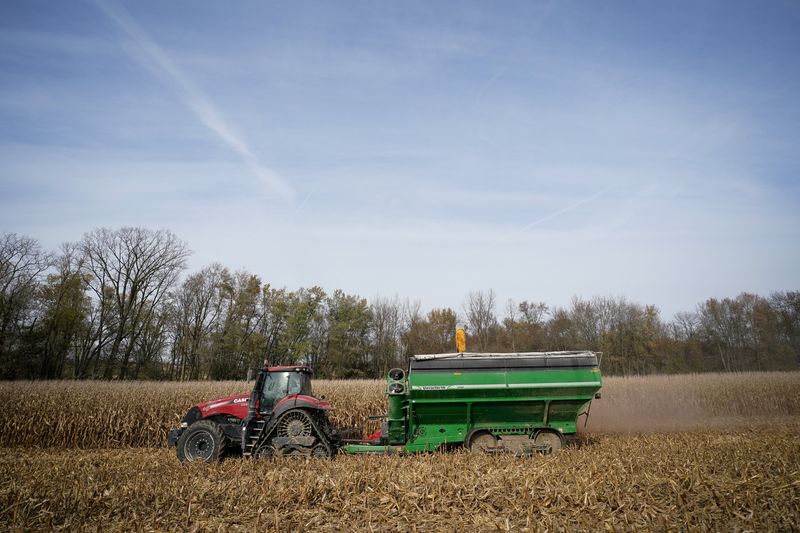 &copy; Reuters. FILE PHOTO: Corn is harvested from a field on Hodgen Farm in Roachdale, Indiana, U.S. October 29, 2019. Picture taken October 29, 2019. REUTERS/Bryan Woolston/File Photo