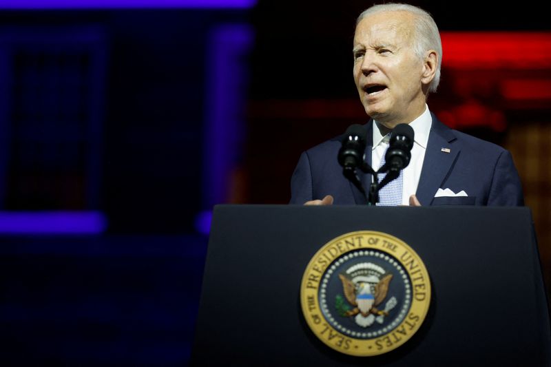 &copy; Reuters. FILE PHOTO: U.S. President Joe Biden delivers remarks on what he calls the "continued battle for the Soul of the Nation" in front of Independence Hall at Independence National Historical Park, Philadelphia, U.S., September 1, 2022. REUTERS/Jonathan Ernst/