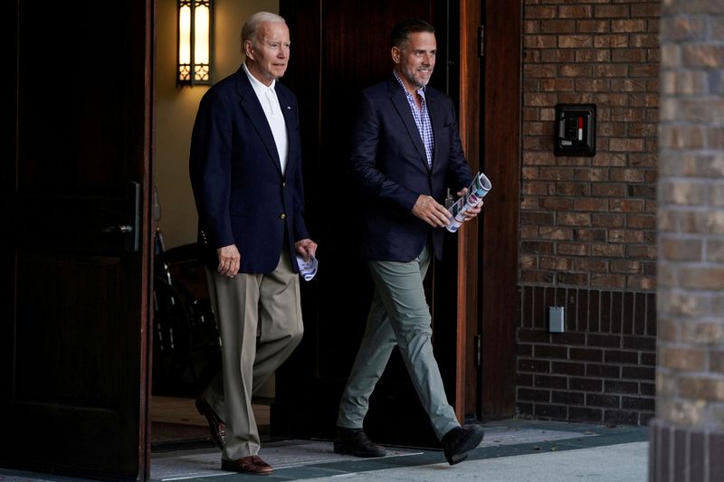 &copy; Reuters. FILE PHOTO: U.S. President Joe Biden and his son Hunter Biden depart from Holy Spirit Catholic Church after attending Mass on St. Johns Island, South Carolina, U.S., August 13, 2022. REUTERS/Joshua Roberts