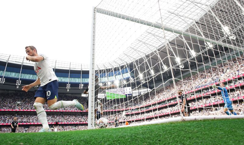 &copy; Reuters. هاري كين لاعب توتنهام هوتسبير يحتفل بالتسجيل في مرمى فولهام في الدوري الإنجليزي الممتاز لكرة القدم يوم السبت. تصوير ديفيد كلاين - رويترز (تس