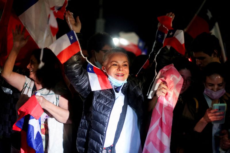 © Reuters. Supporters of the reject option react to early results of the referendum on a new Chilean constitution in Santiago, Chile, September 4, 2022. REUTERS/Ailen Diaz