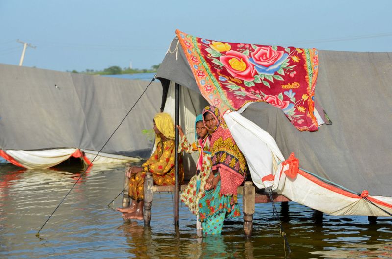 © Reuters. Flood victim family take refuge with their belongings as floodwater rises, following rains and floods during the monsoon season in Sohbatpur, Pakistan September 4, 2022. REUTERS/Amer Hussain