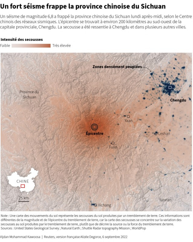 &copy; Reuters. Un séisme de magnitude 6,8 survenu lundi dans la province chinoise du Sichuan a fait au moins 21 morts, affectant également la ville de Chengdu et d'autres provinces. /Graphique fait le 5 septembre/REUTERS/VIjdan Mohammad Kawoosa 
