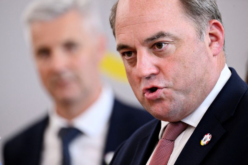 &copy; Reuters. FILE PHOTO: British Defence Secretary Ben Wallace speaks during a news conference after hosting a donor conference, together with Ukrainian and Danish defence ministers, to discuss new measures to strengthen the long-term donations of weapons, mine cleara