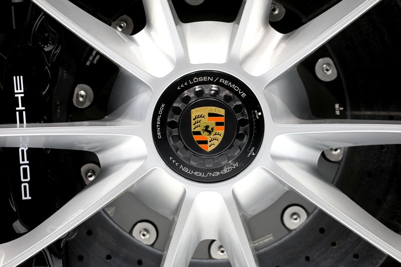 &copy; Reuters. FILE PHOTO: The Porsche logo is seen on a wheel of the 2020 Porsche 911 Speedster as it is revealed at the 2019 New York International Auto Show in New York City, New York, U.S, April 17, 2019. REUTERS/Brendan McDermid