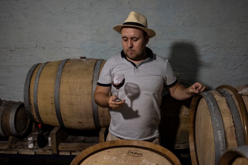 &copy; Reuters. Georgiy Molchanov checks a red wine in his winery, amid Russia's invasion of Ukraine, in Slyvyne village near Mykolaiv, Ukraine, August 28, 2022. REUTERS/Umit Bektas