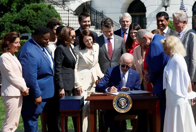 &copy; Reuters. U.S. President Joe Biden signs the CHIPS and Science Act of 2022 alongside Vice President Kamala Harris, House of Representatives Speaker Nancy Pelosi, Commerce Secretary Gina Raimondo and Joshua Aviv, founder and CEO of SparkCharge, on the South Lawn of 