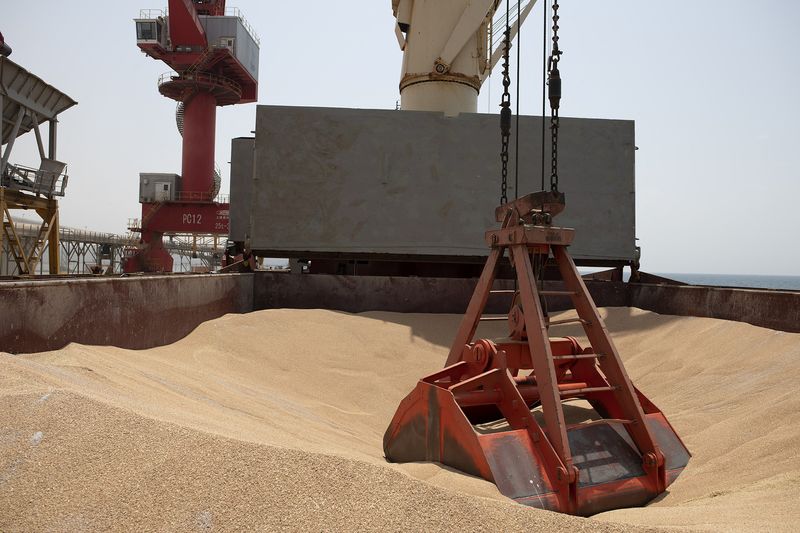 &copy; Reuters. Wheat grain is seen on the MV Brave Commander vessel from Yuzhny Port in Ukraine to the drought-stricken Horn of Africa as it docks at port of Djibouti in Djibouti August 30, 2022. Hugh Rutherford/World Food Programme/Handout via REUTERS/File Photo