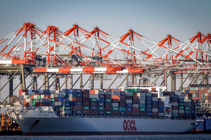 &copy; Reuters. FILE PHOTO: The OOCL Europe is docked at the Port of Newark in Newark, New Jersey U.S. November 27, 2017. REUTERS/Brendan McDermid