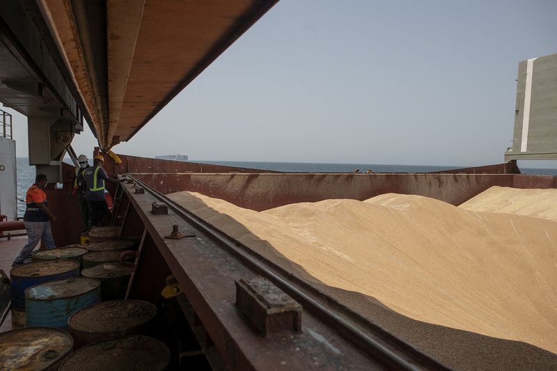 &copy; Reuters. FILE PHOTO: Wheat grain is seen on the MV Brave Commander vessel from Yuzhny Port in Ukraine to the drought-stricken Horn of Africa as it docks at port of Djibouti in Djibouti August 30, 2022. Hugh Rutherford/World Food Programme/Handout via REUTERS