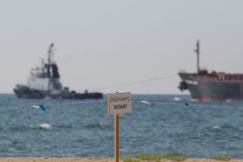 &copy; Reuters. سفينة شحن ترفع علم ليبيريا وتحمل حبوبا تغادر ميناء تشورنومورسك الأوكراني بعد التفتيش في التاسع من أغسطس آب 2022 ولافتة تحذر من الألغام في الم