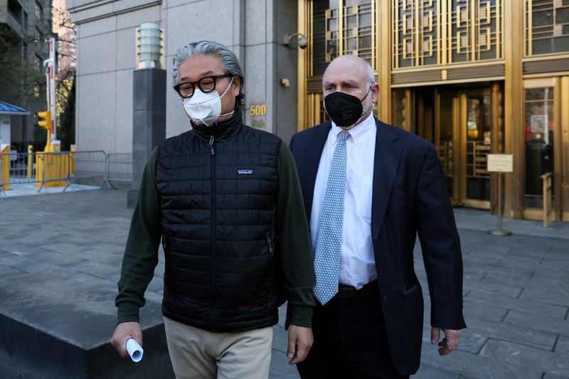 &copy; Reuters. FILE PHOTO: Sung Kook (Bill) Hwang, the founder and head of a private investment firm known as Archegos exits the Manhattan federal courthouse in New York City, U.S., April 27, 2022. REUTERS/Shannon