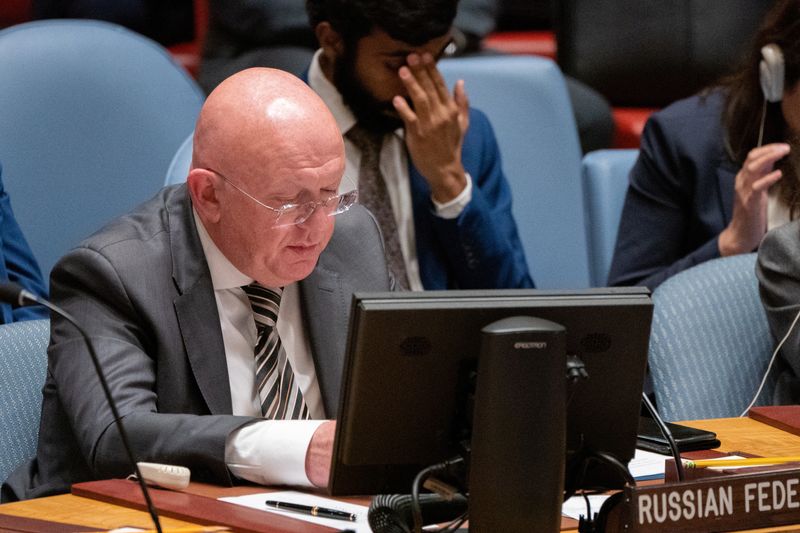 &copy; Reuters. FILE PHOTO: Russian Ambassador to the U.N. Vassily Nebenzia speaks during the UN Security Council's emergency meeting, amid Russia's invasion of Ukraine, at the United Nations Headquarters in New York City, New York, U.S., September 7, 2022. REUTERS/David