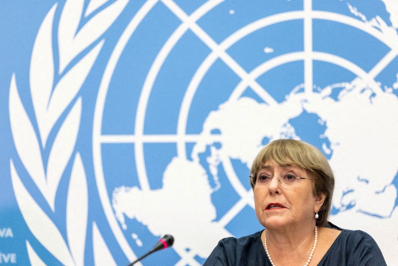 &copy; Reuters. مفوضة الأمم المتحدة السامية لحقوق الإنسان المنتهية ولايتها ميشيل باشيليت تتحدث خلال مؤتمرها الصحفي الأخير في جنيف يوم 25 أغسطس آب 2022. تصوير: 