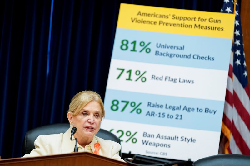 &copy; Reuters. FILE PHOTO: U.S. Representative Carolyn Maloney (D-NY) speaks during a House Committee on Oversight and Reform hearing on gun violence on Capitol Hill in Washington, U.S. June 8, 2022. Andrew Harnik/Pool via REUTERS