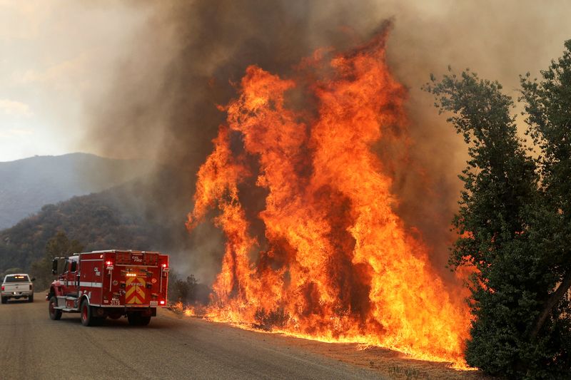 © Reuters. FILE PHOTO: Flames grow next to a fire engine as the Fairview Fire burns near Hemet, California, U.S., September 7, 2022.  REUTERS/David Swanson/File Photo