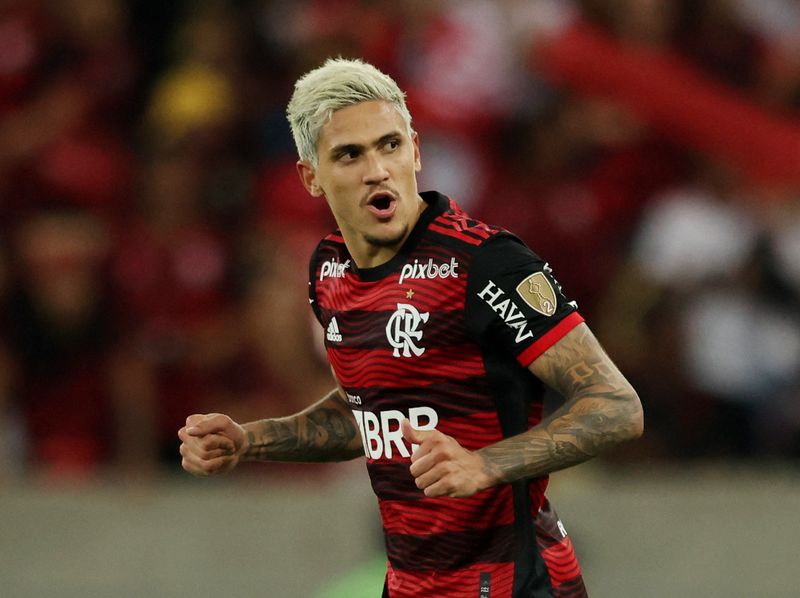 &copy; Reuters. Pedro comemora gol marcado pelo Flamengo contra o Velez Sarsfield em partida válida pela Copa Libertadores no Maracanã
07/09/2022 REUTERS/Sergio Moraes