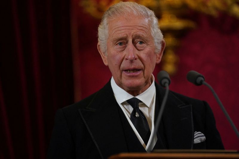 &copy; Reuters. الملك تشارلز ملك بريطانيا خلال مراسم تنصيبه ملكا لبريطانيا في قصر سانت جيمس في لندن يوم السبت. صورة لرويترز من ممثل لوكالات الأنباء.

