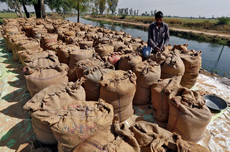 &copy; Reuters. FOTO DE ARQUIVO: Um trabalhador embala um saco cheio de arroz nos arredores da cidade indiana de Ahmedabad, no oeste da Índia, em 27 de fevereiro de 2015. REUTERS/Amit Dave/File Photo