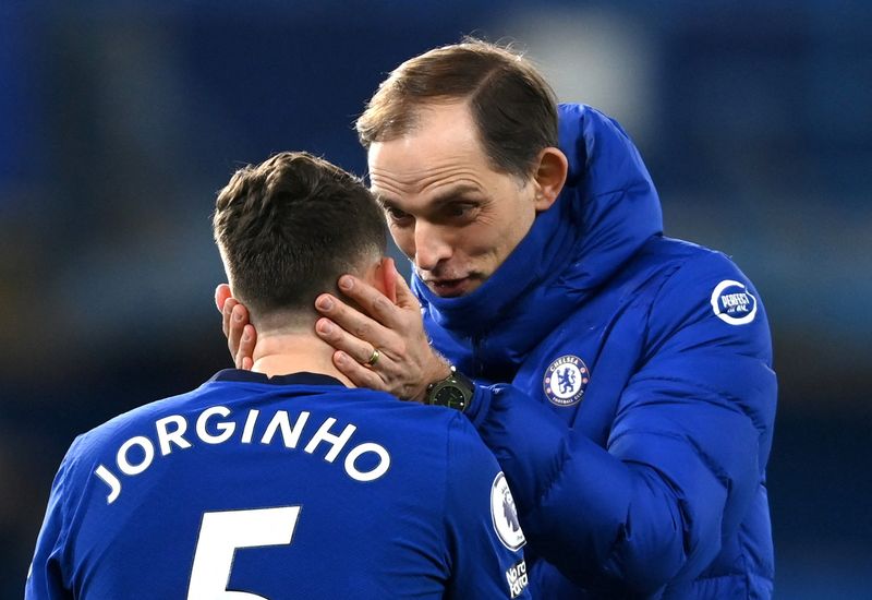 &copy; Reuters. Thomas Tuchel celebra com Jorginho
 8/3/2021   Pool via REUTERS/Mike Hewitt