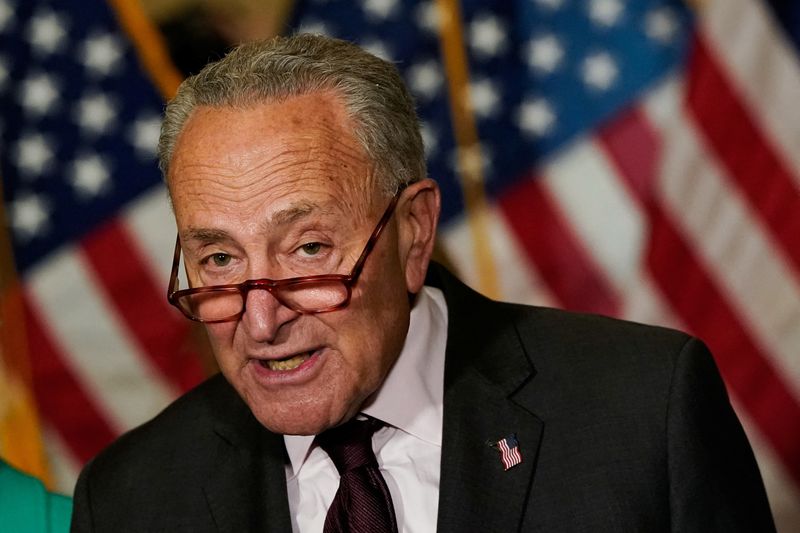 &copy; Reuters. FILE PHOTO - U.S. Senate Majority Leader Chuck Schumer (D-NY) speaks to reporters following the Senate Democrats weekly policy lunch at the U.S. Capitol in Washington, U.S., September 7, 2022. REUTERS/Elizabeth Frantz