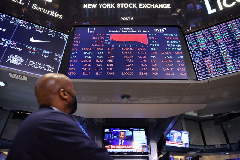 © Reuters. A trader looks at a screen showing the Dow Jones Industrial Average on the trading floor at the New York Stock Exchange (NYSE) in Manhattan, New York City, U.S., September 13, 2022. REUTERS/Andrew Kelly