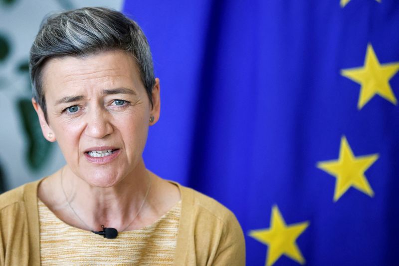 &copy; Reuters. FILE PHOTO: European Commission Vice President Margrethe?Vestager speaks during an interview with Reuters in Brussels, Belgium, March 28, 2022. REUTERS/Johanna?Geron/File Photo