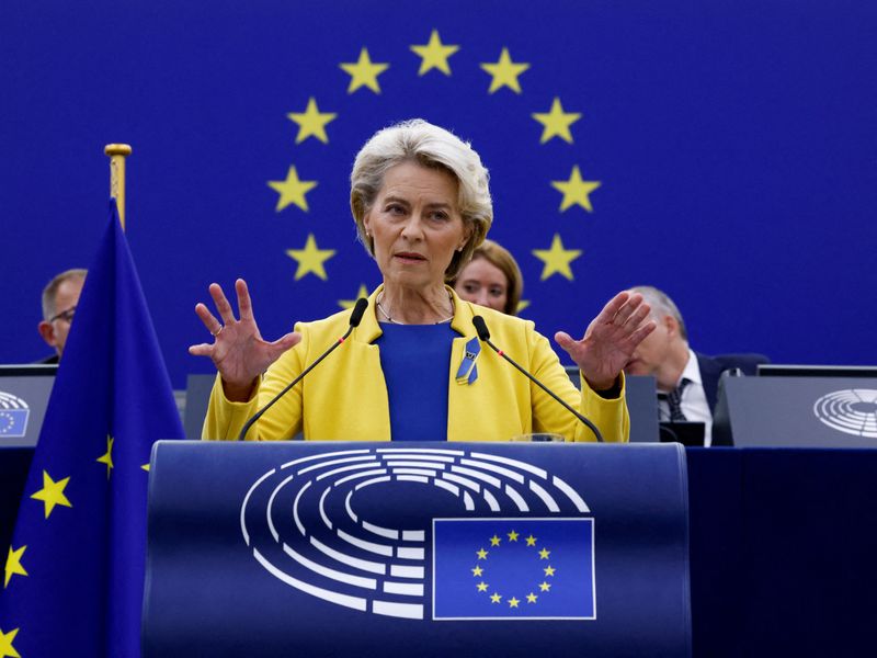 &copy; Reuters. رئيسة المفوضية الأوروبية أورسولا فون دير لاين تلقي كلمة في البرلمان الأوروبي بستراسبورج يوم الأربعاء. تصوير: إيف هيرمان - رويترز